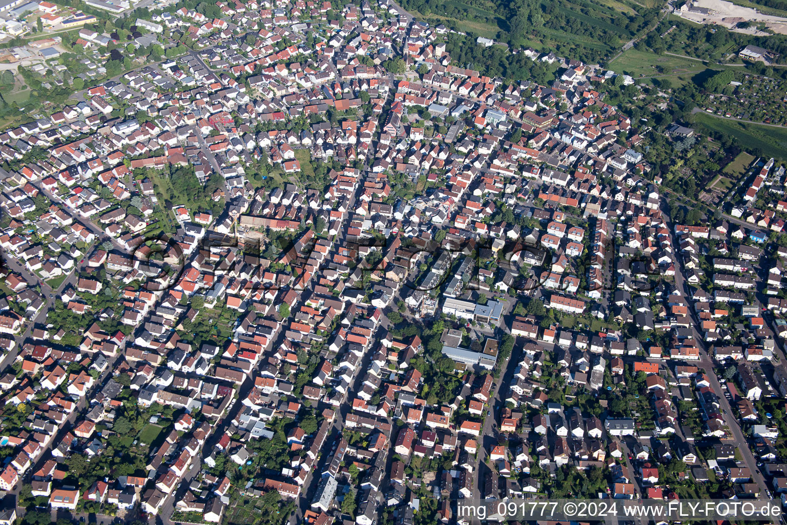 District Eggenstein in Eggenstein-Leopoldshafen in the state Baden-Wuerttemberg, Germany seen from above