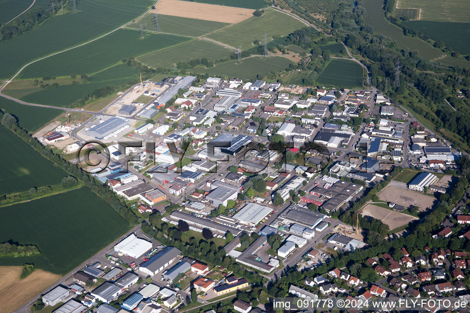 District Eggenstein in Eggenstein-Leopoldshafen in the state Baden-Wuerttemberg, Germany from the plane