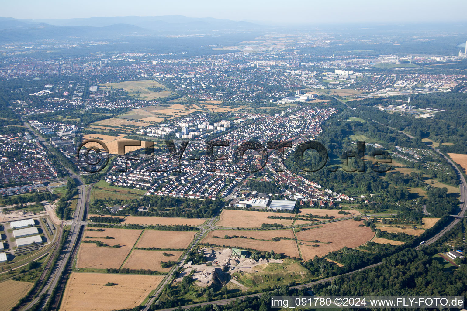 Drone image of District Neureut in Karlsruhe in the state Baden-Wuerttemberg, Germany