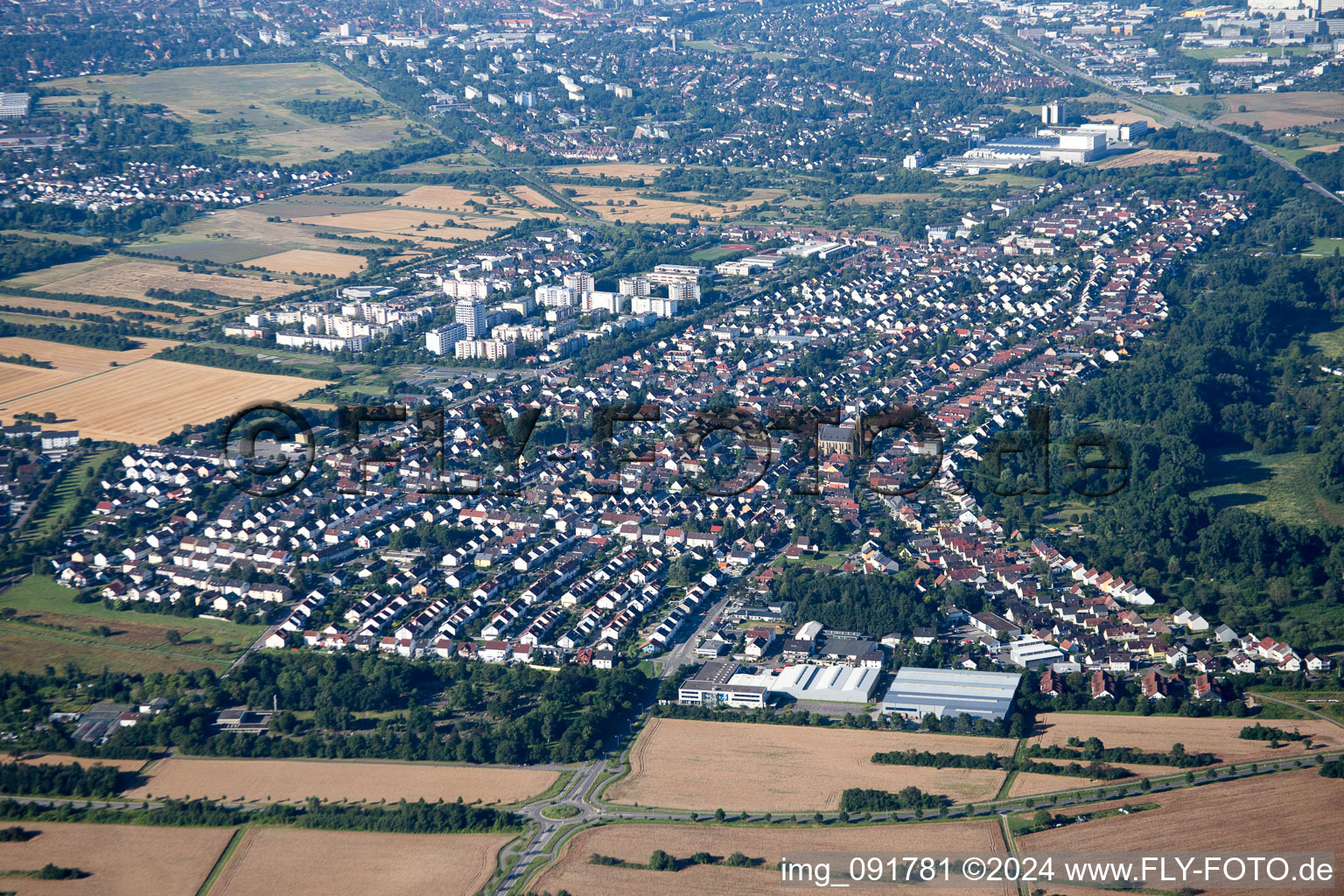 District Neureut in Karlsruhe in the state Baden-Wuerttemberg, Germany from the drone perspective