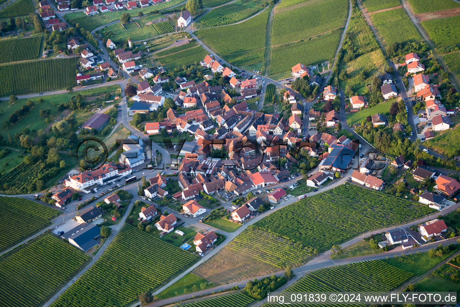 Village - view on the edge of agricultural fields and farmland in Gleiszellen-Gleishorbach in the state Rhineland-Palatinate, Germany