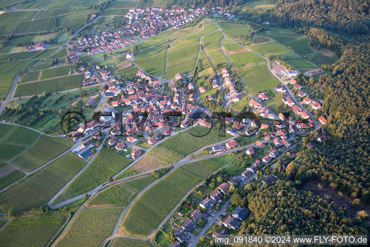 Aerial view of Village - view on the edge of agricultural fields and farmland in Gleiszellen-Gleishorbach in the state Rhineland-Palatinate, Germany