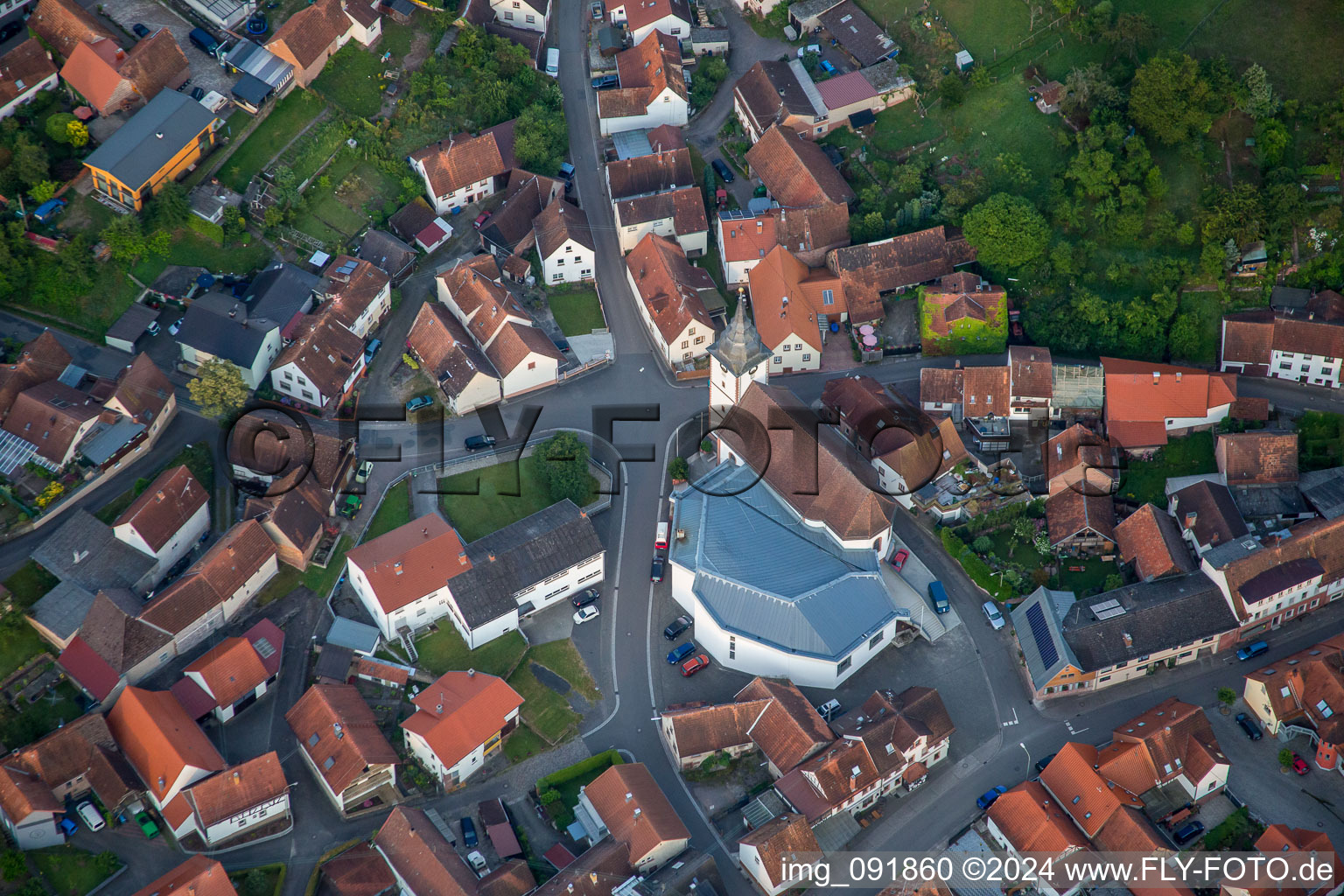 Aerial view of Church of St. Cyriacus in the district Gossersweiler in Gossersweiler-Stein in the state Rhineland-Palatinate, Germany