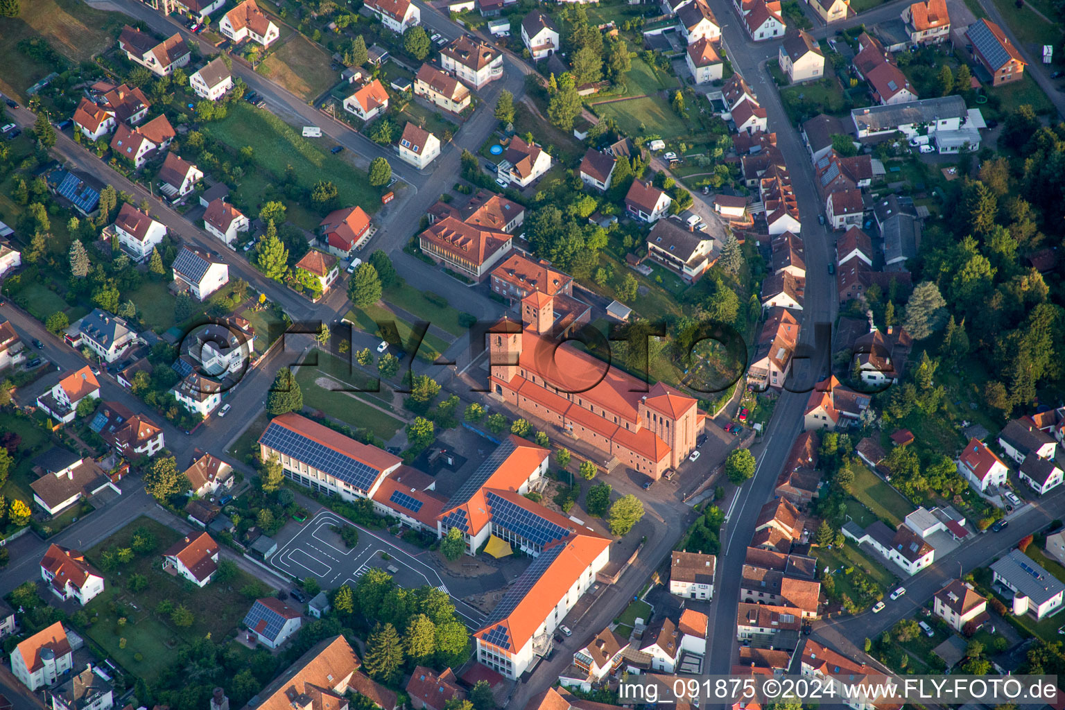 Aerial photograpy of Church building in of Christkoenigskirche Old Town- center of downtown in Hauenstein in the state Rhineland-Palatinate, Germany