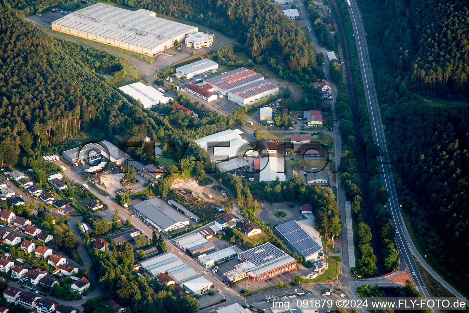 Aerial view of Building and production halls on the premises of Josef Seibel Schuhfabrik GmbH in Hauenstein in the state Rhineland-Palatinate, Germany