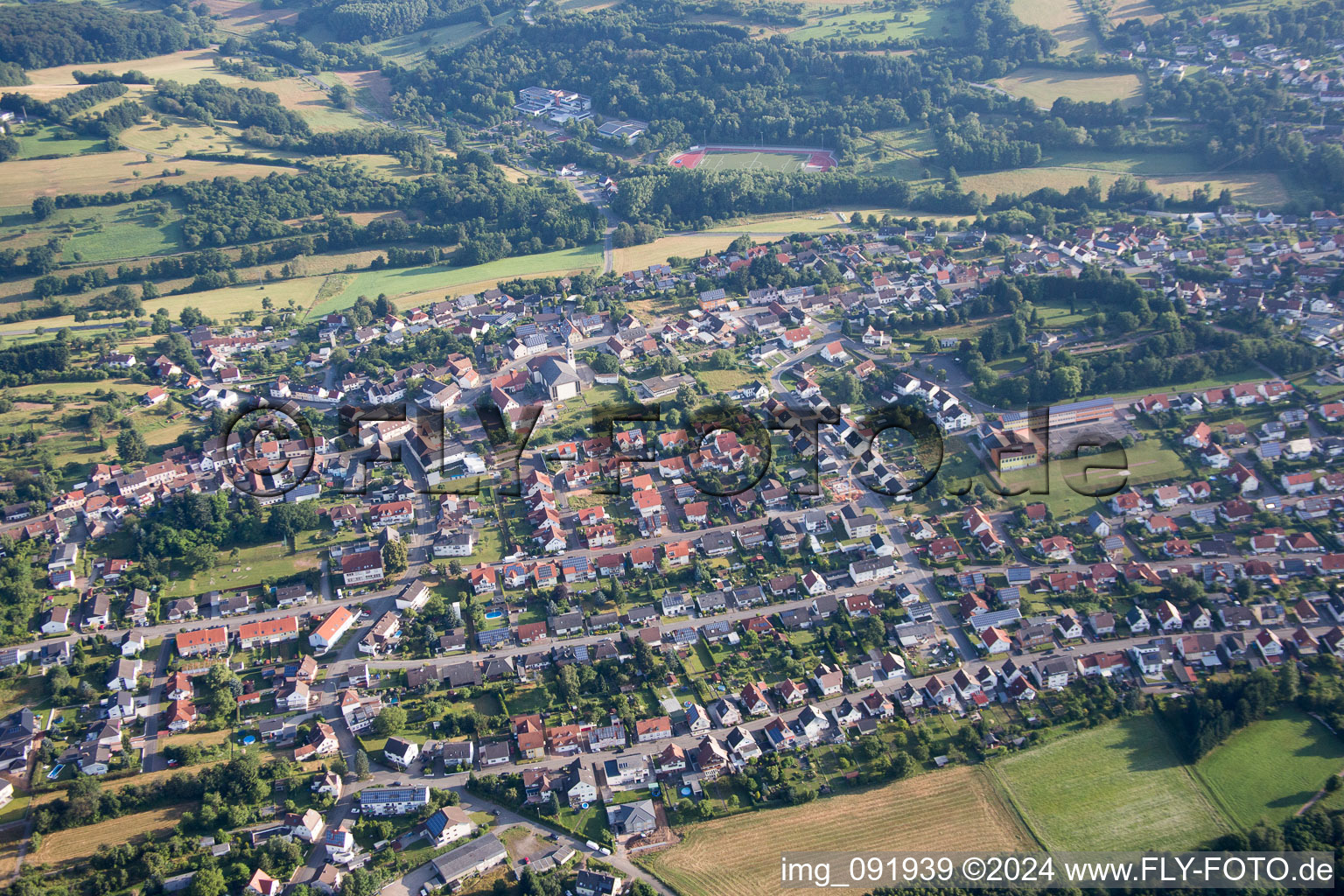 Aerial view of Town View of the streets and houses of the residential areas in Schoenenberg-Kuebelberg in the state Rhineland-Palatinate, Germany