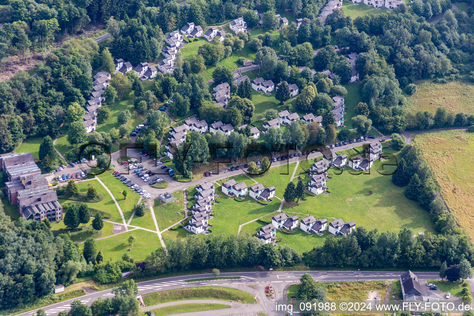 Aerial view of Holiday house plant of the park Ferienpark Hambachtal in Oberhambach in the state Rhineland-Palatinate, Germany