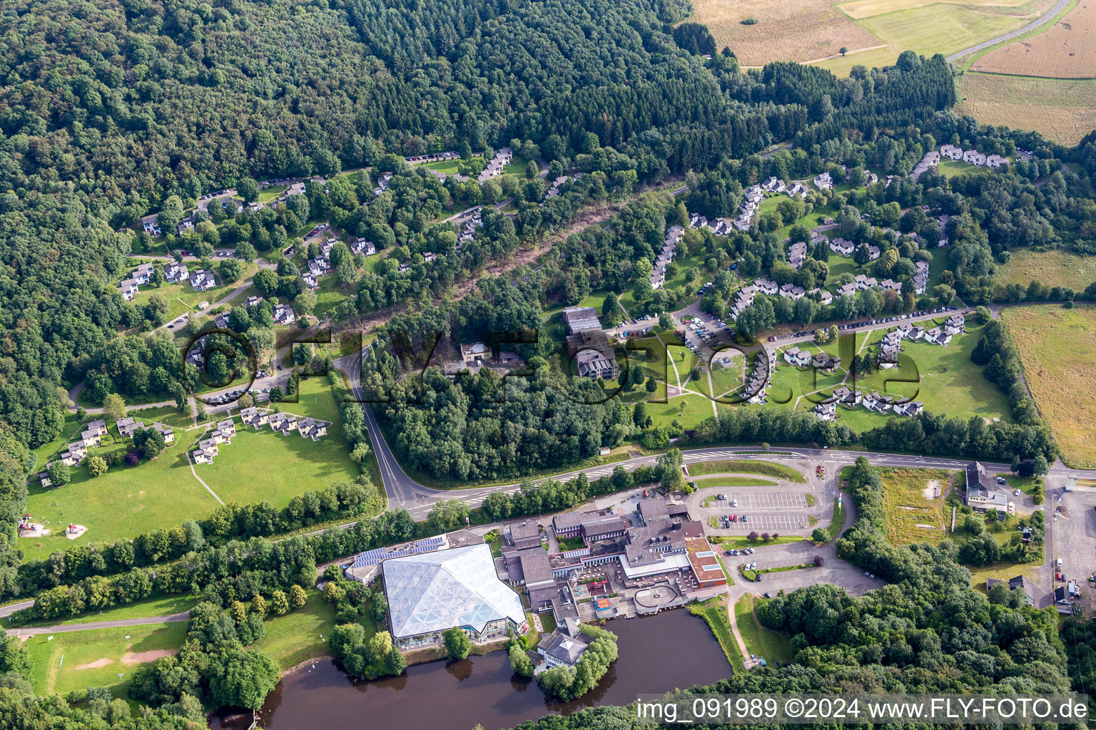 Aerial photograpy of Holiday house plant of the park Ferienpark Hambachtal in Oberhambach in the state Rhineland-Palatinate, Germany