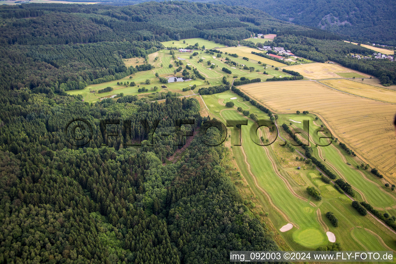 Aerial view of Grounds of the Golf course at GC Edelstein Hunsrueck e.V. in Kirschweiler in the state Rhineland-Palatinate, Germany