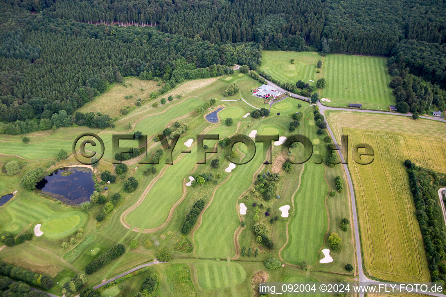 Aerial photograpy of Grounds of the Golf course at GC Edelstein Hunsrueck e.V. in Kirschweiler in the state Rhineland-Palatinate, Germany