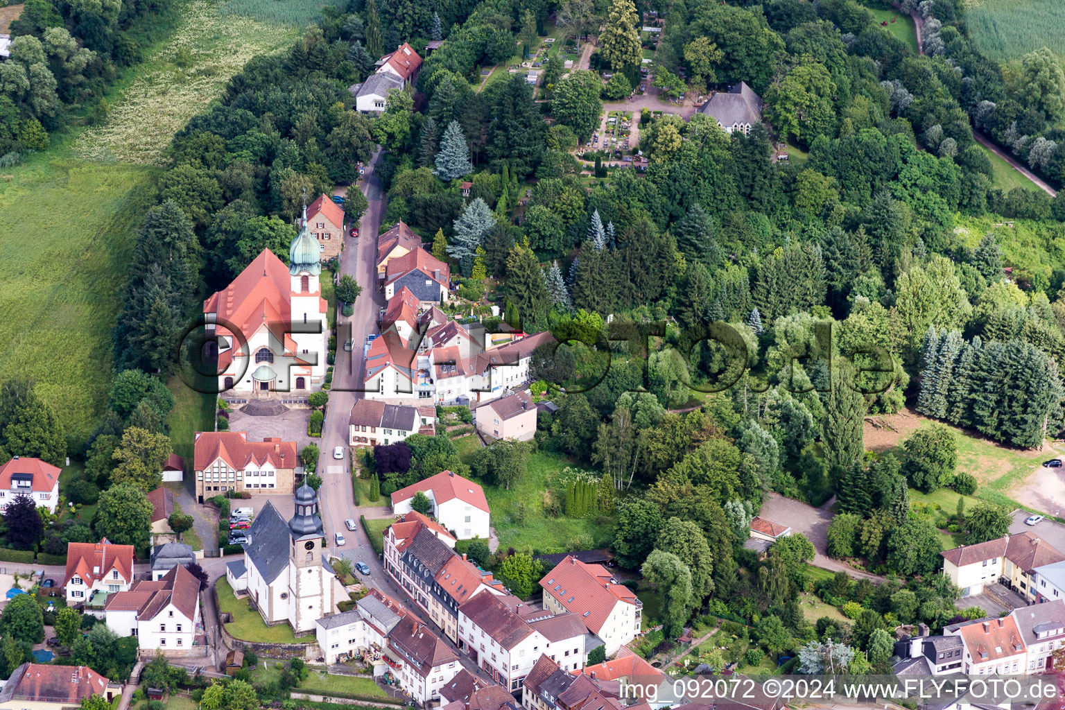 Oblique view of Church building of catholic Church Herz Jesu in Winnweiler in the state Rhineland-Palatinate, Germany