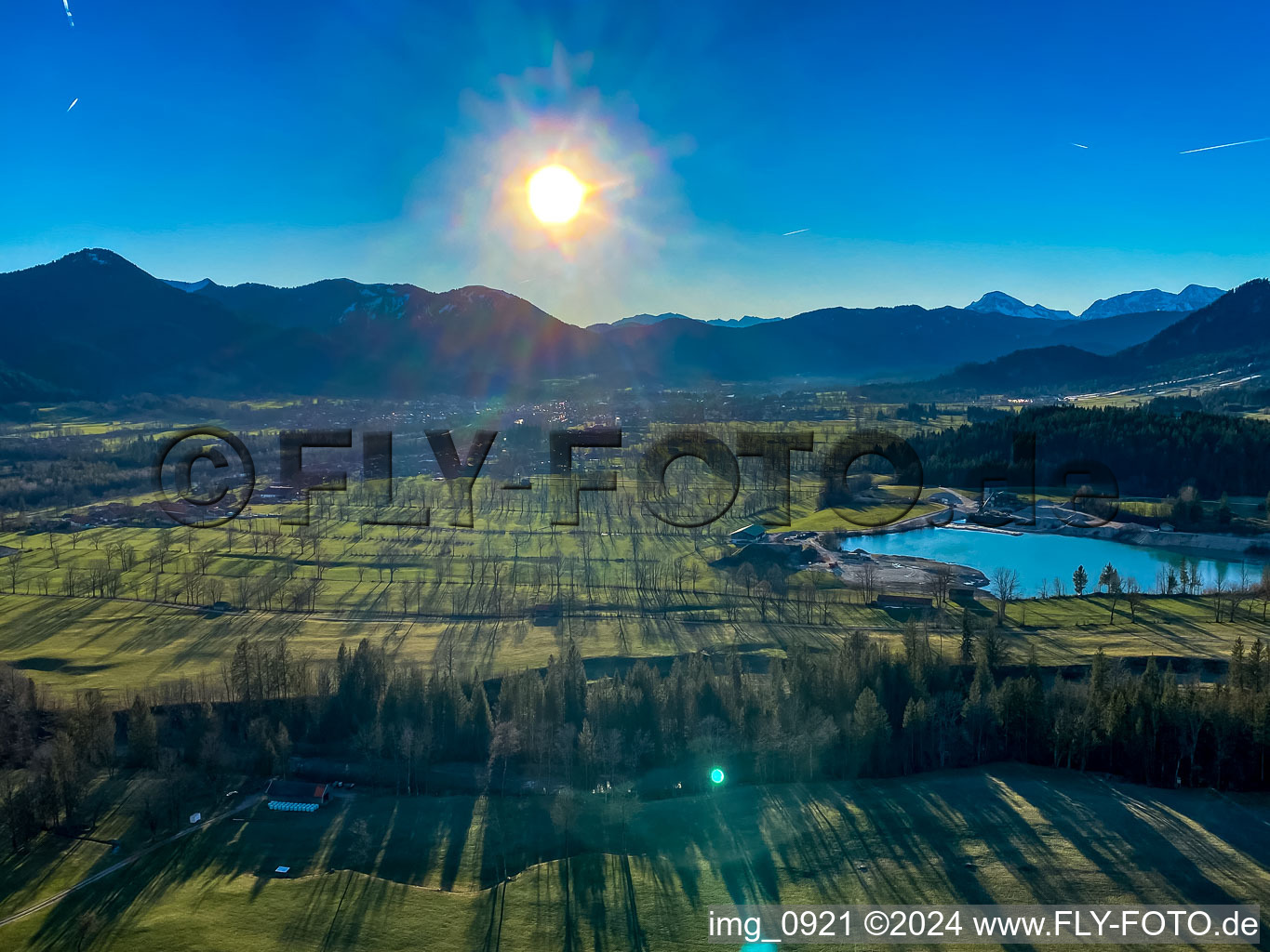 Aerial view of Sunrise over the Isar Valley in the district Schlegldorf in Lenggries in the state Bavaria, Germany