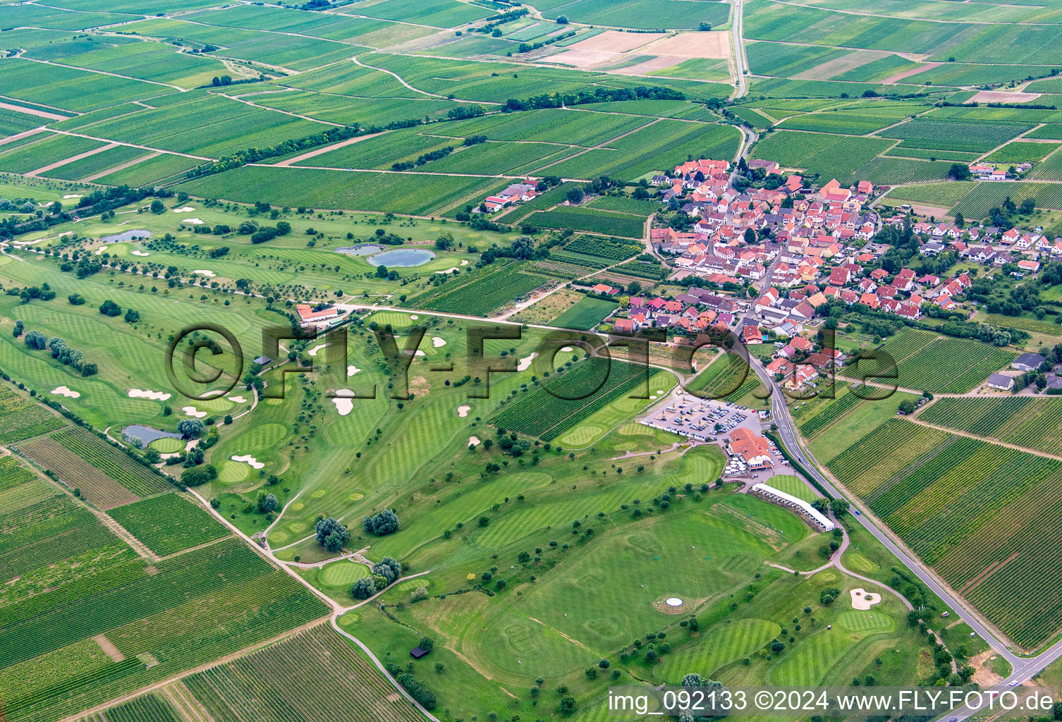 Golf course in Dackenheim in the state Rhineland-Palatinate, Germany seen from a drone