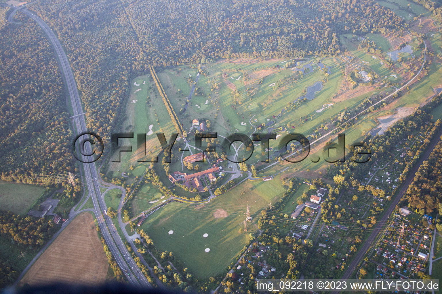 Aerial view of Scheibenhardt Golf Club in the district Beiertheim-Bulach in Karlsruhe in the state Baden-Wuerttemberg, Germany