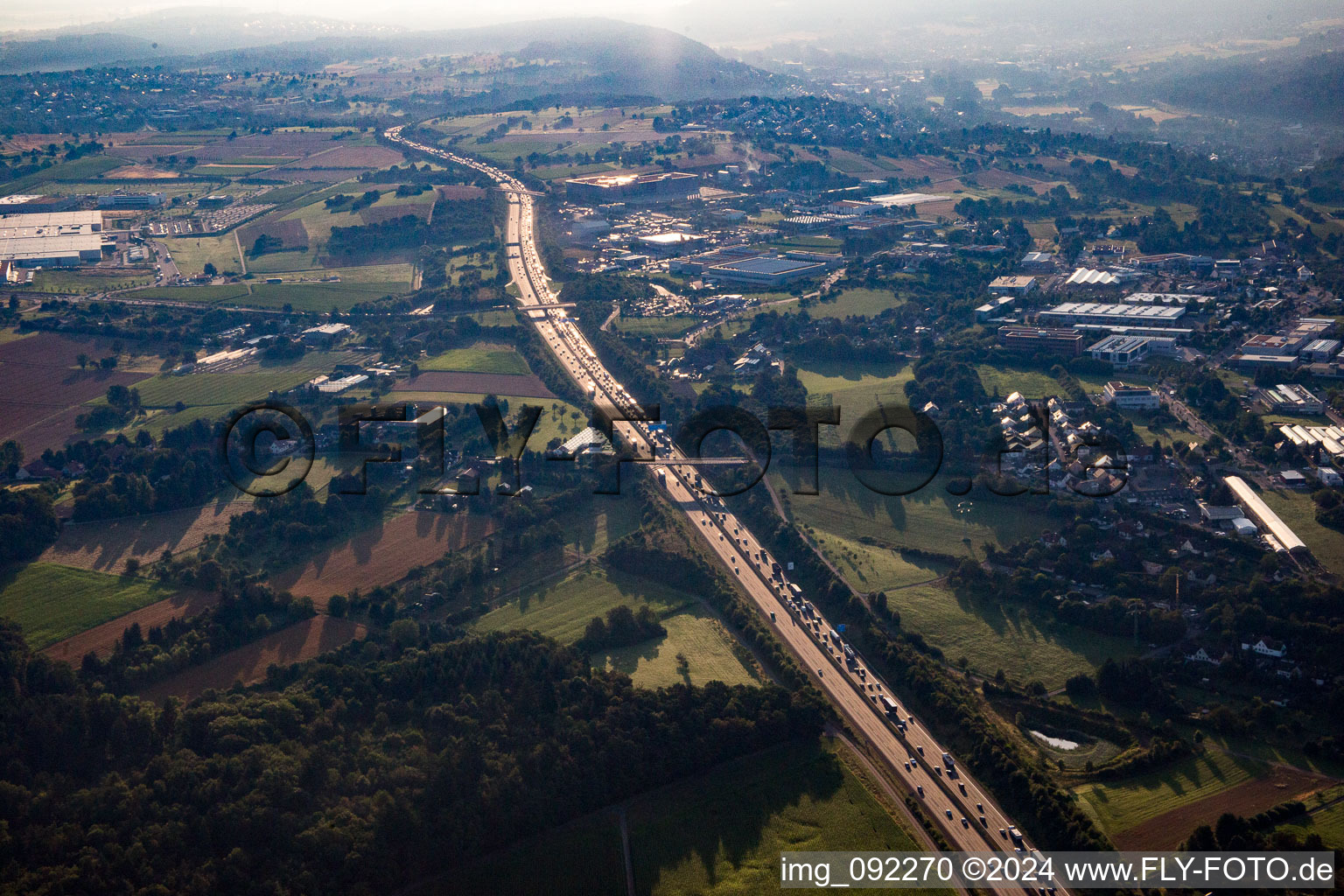 Aerial view of Motorway A8 in Pforzheim in the state Baden-Wuerttemberg, Germany