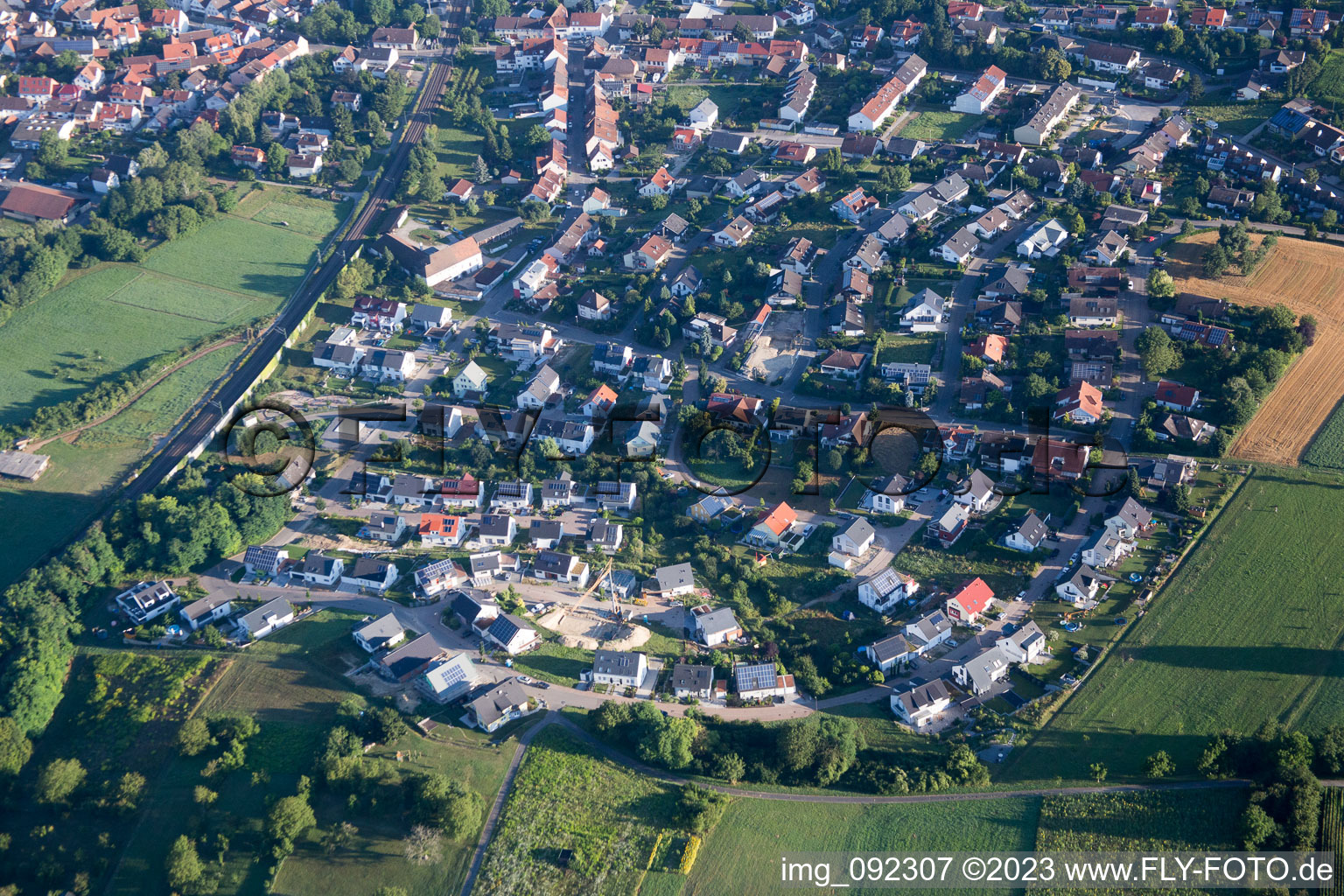 Aerial view of Kraichgaustr in the district Heidelsheim in Bruchsal in the state Baden-Wuerttemberg, Germany