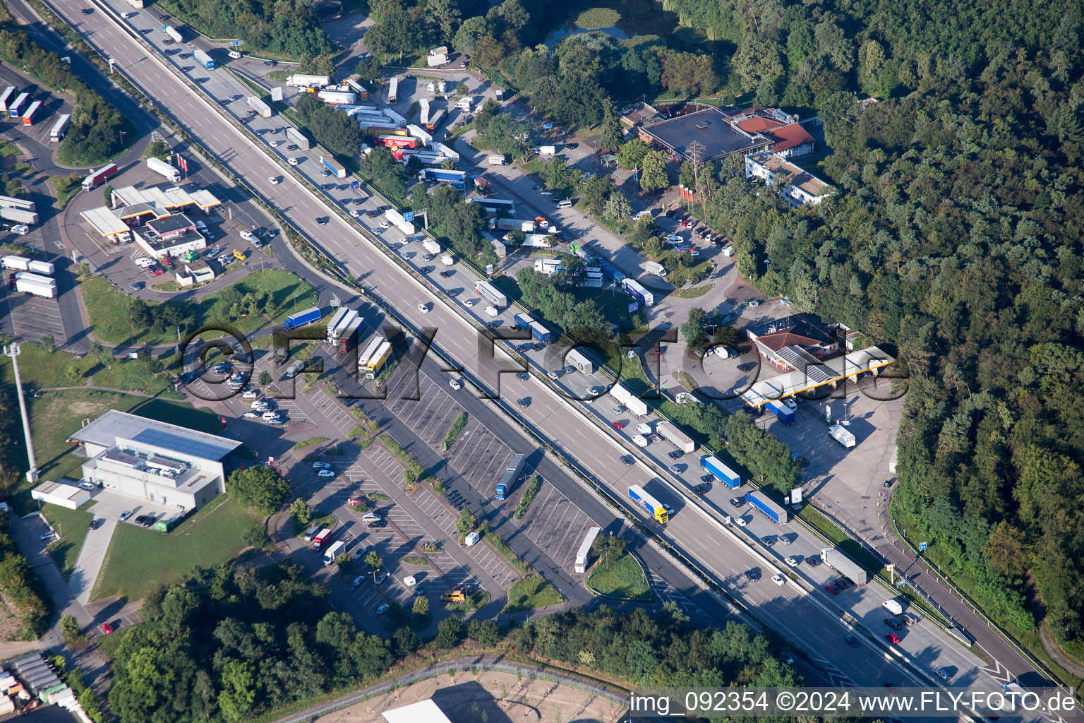 Aerial view of Motorway service area on the edge of the course of BAB highway A5 (Serways Hotel Bruchsal West) in Forst in the state Baden-Wurttemberg, Germany