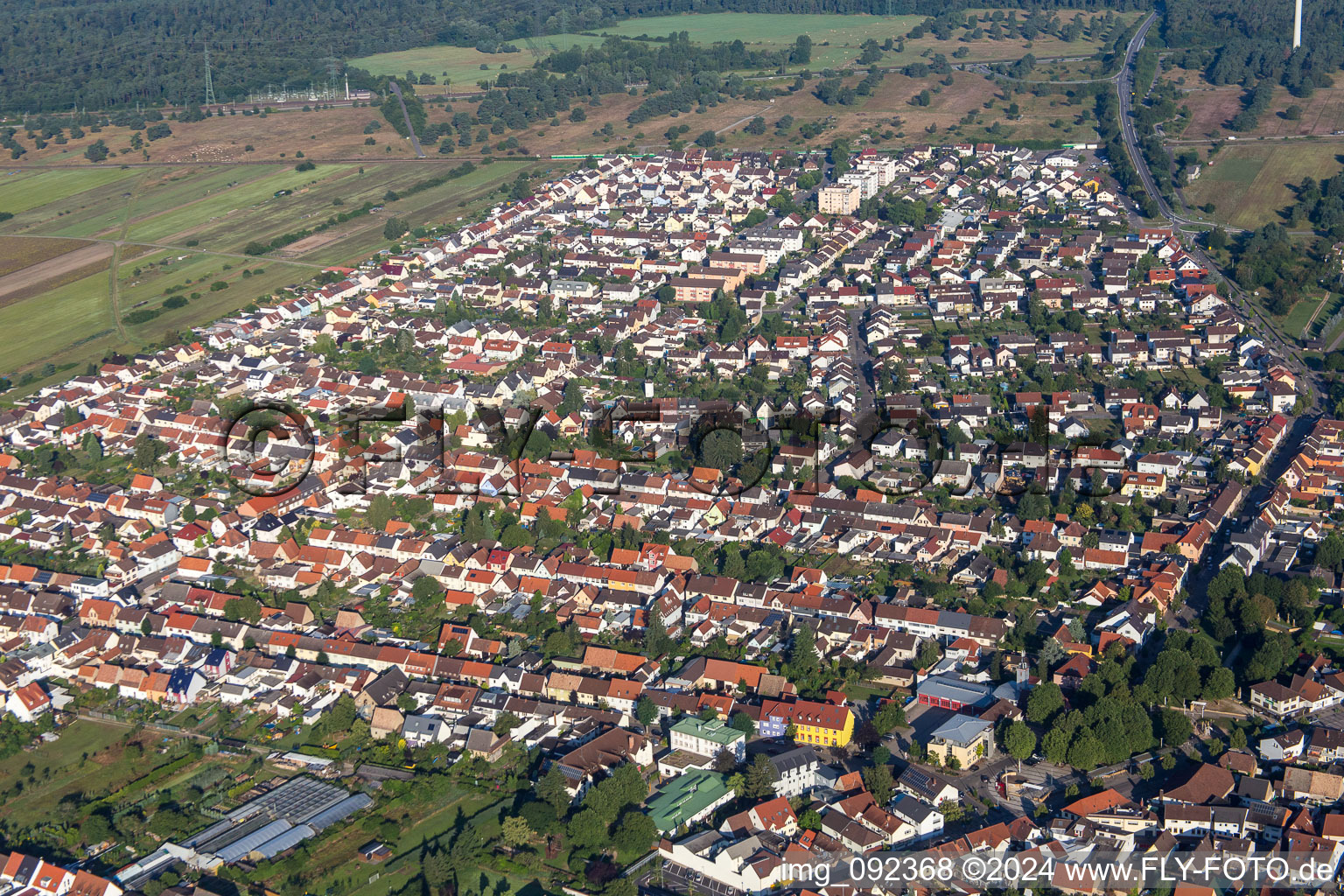 Aerial view of From the east in the district Wiesental in Waghäusel in the state Baden-Wuerttemberg, Germany