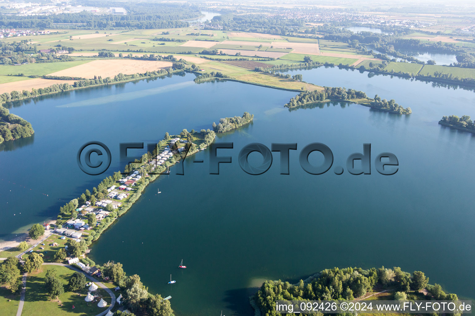 Camping with caravans and tents in the district Oberhausen in Oberhausen-Rheinhausen in the state Baden-Wurttemberg, Germany