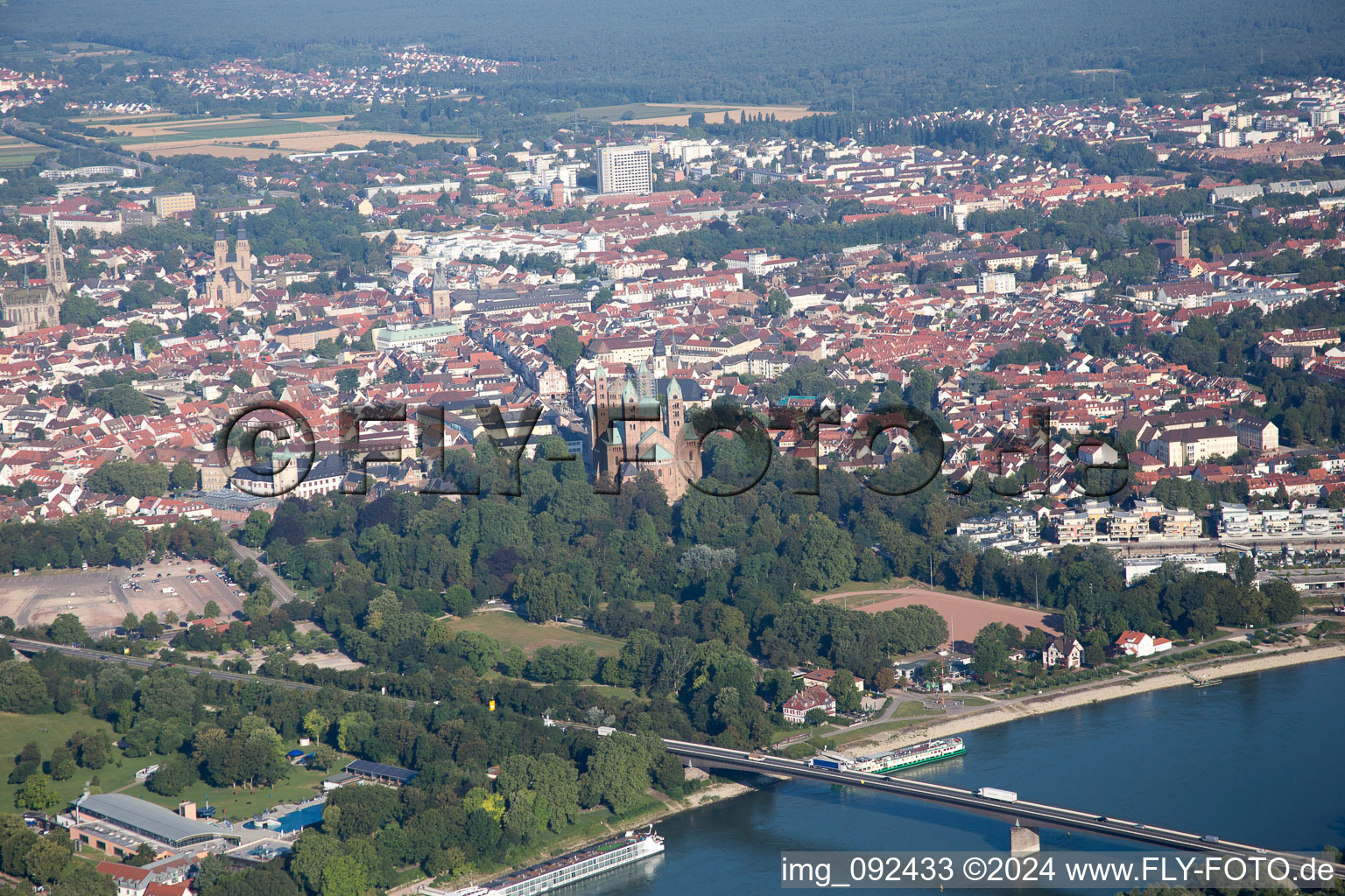 Aerial view of Cathedral and Salier Bridge in Speyer in the state Rhineland-Palatinate, Germany