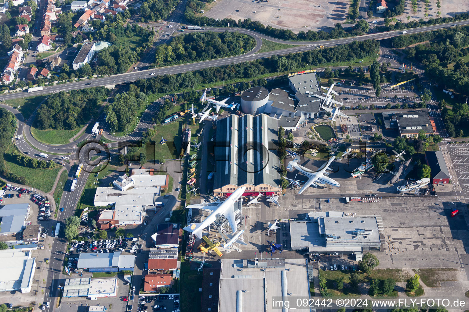 Aerial view of Outdoor exhibition of airplanes and ships in the Technical Museum Speyer in Speyer in the state Rhineland-Palatinate, Germany