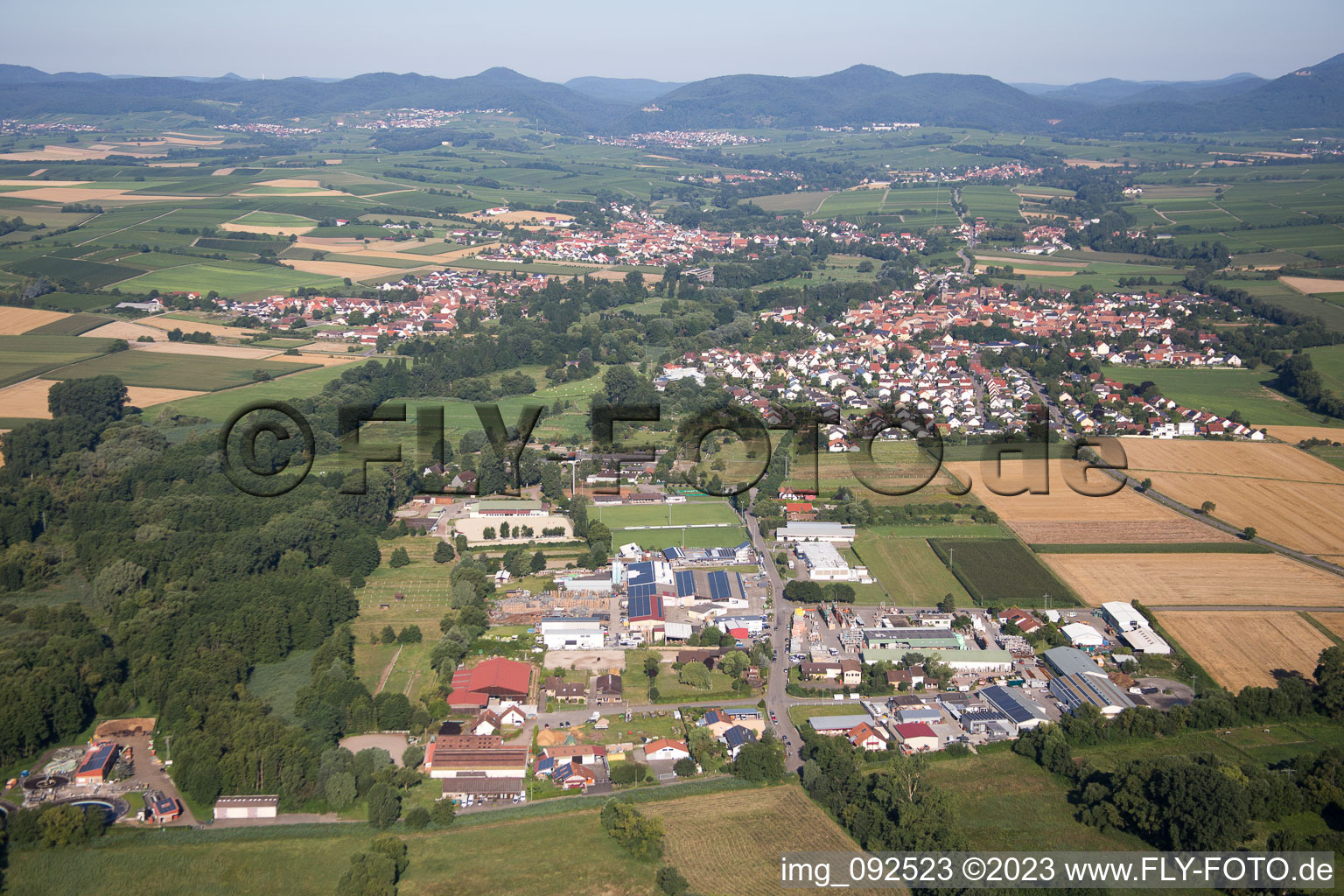 Aerial view of Cheap home, east commercial area in Billigheim-Ingenheim in the state Rhineland-Palatinate, Germany