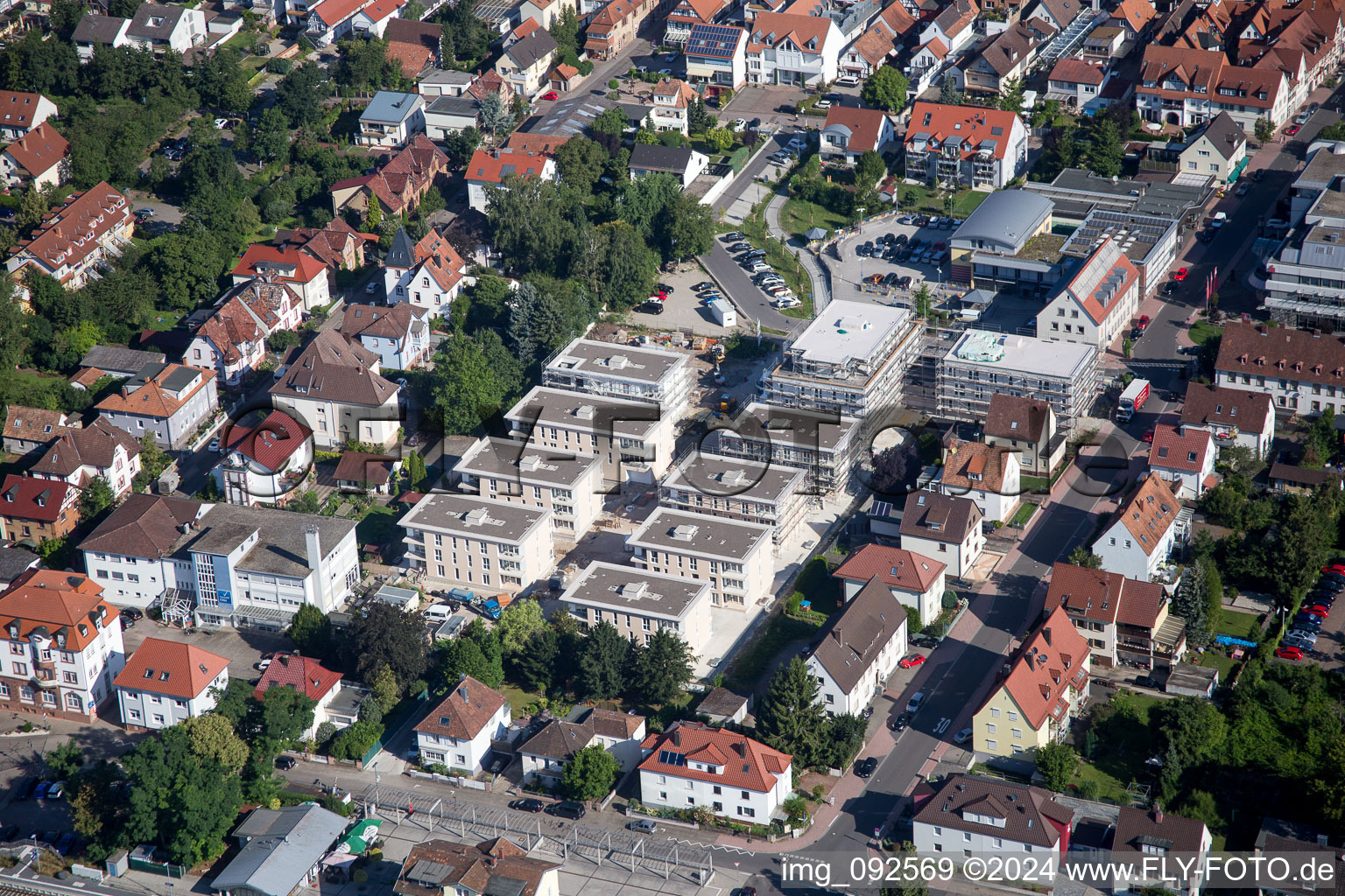 Construction site for City Quarters Building 'Im Stadtkern' in Kandel in the state Rhineland-Palatinate, Germany from the drone perspective