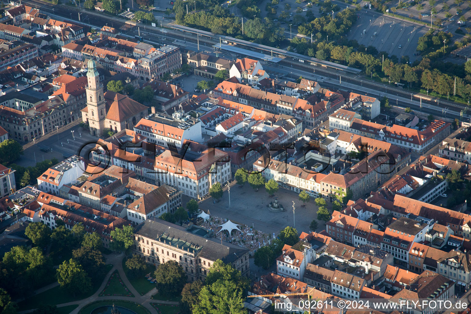 Aerial view of Church building in of Hugenottenkirche Old Town- center of downtown in Erlangen in the state Bavaria