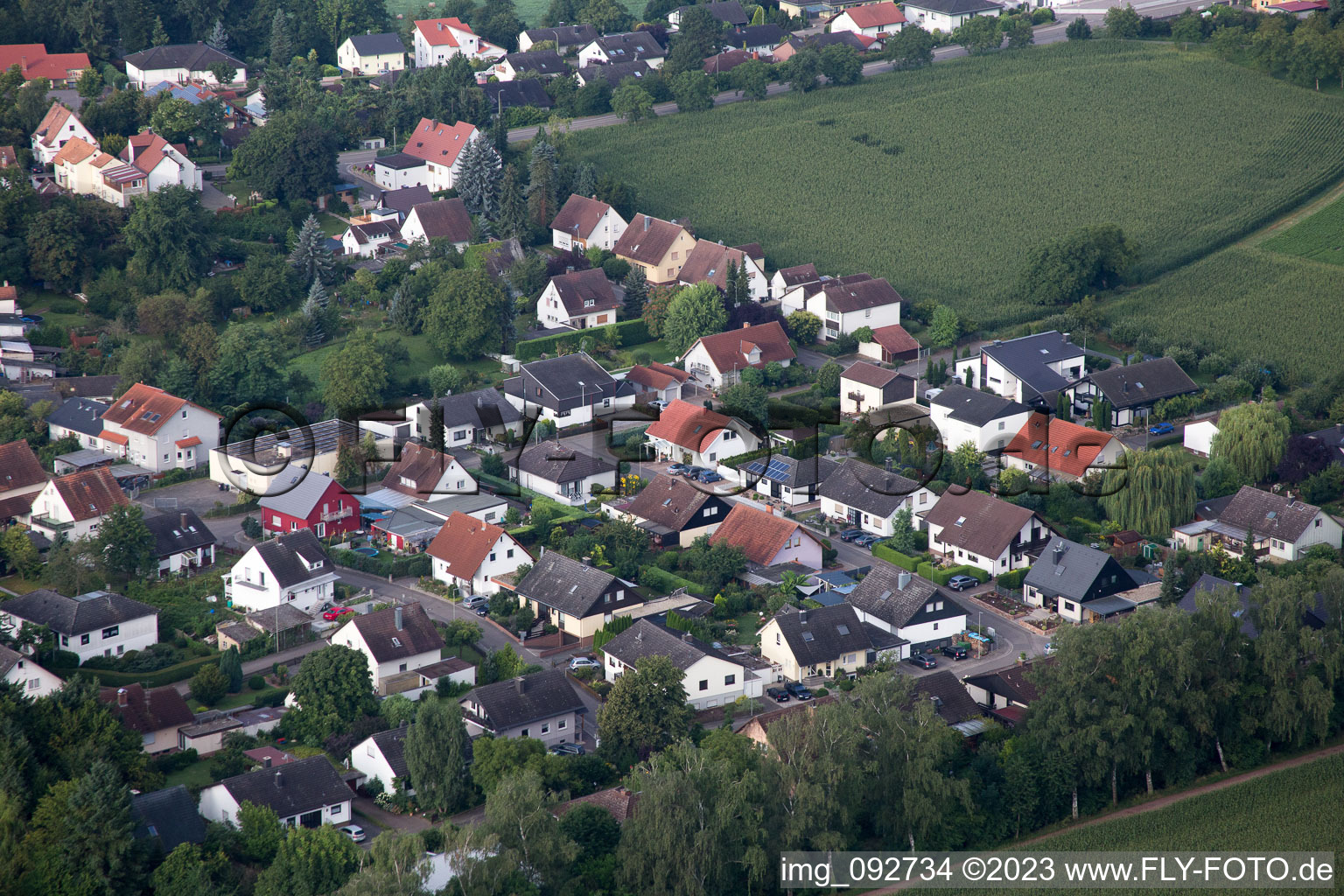 Maxburgstr in the district Billigheim in Billigheim-Ingenheim in the state Rhineland-Palatinate, Germany from above