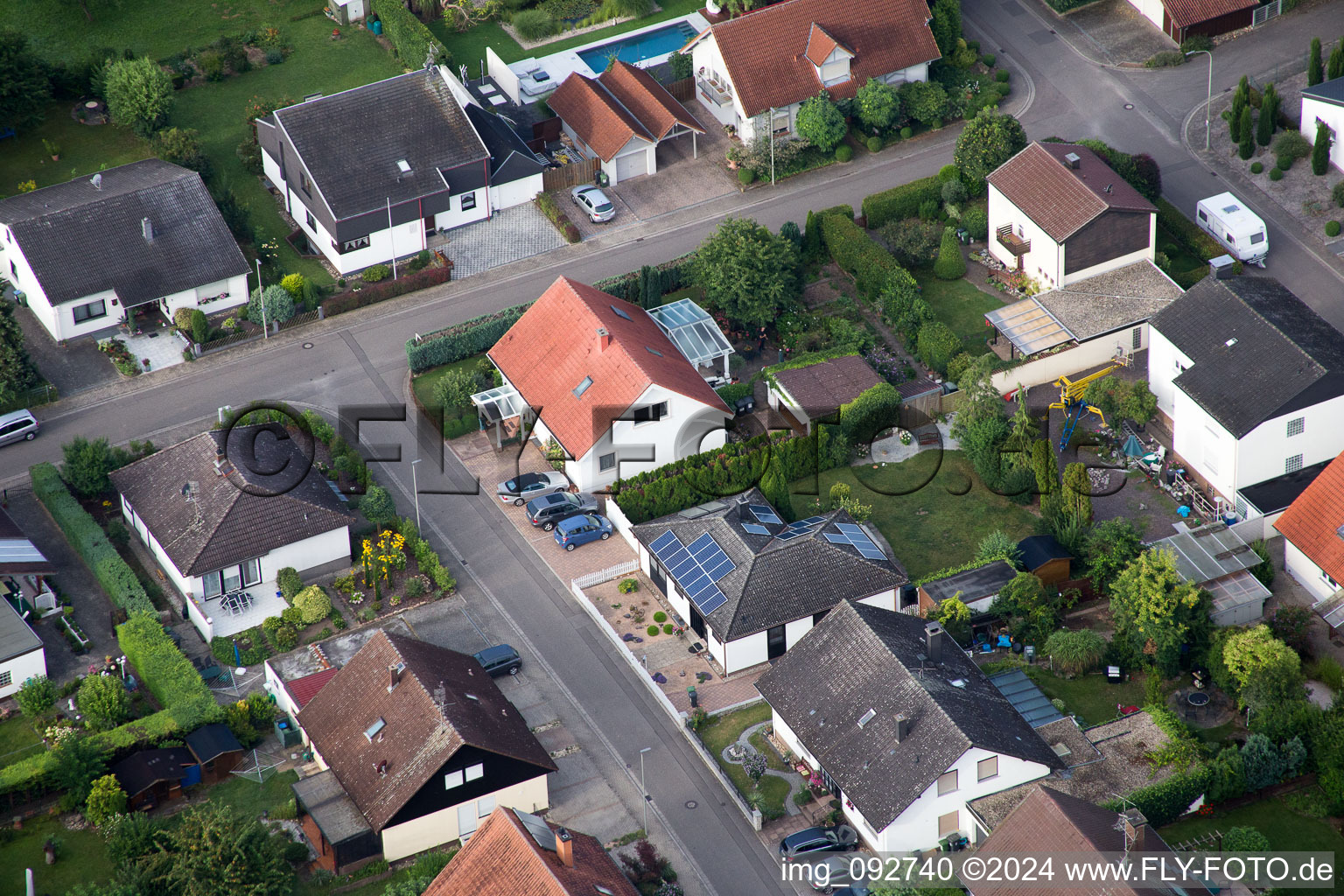 Maxburgstr in the district Billigheim in Billigheim-Ingenheim in the state Rhineland-Palatinate, Germany seen from above