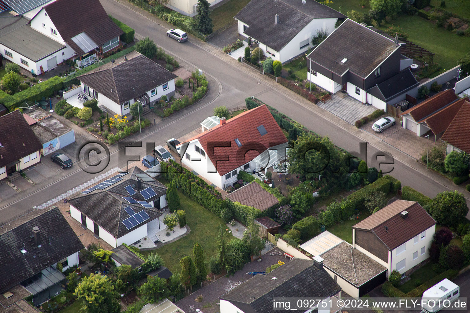 Drone recording of Maxburgstr in the district Billigheim in Billigheim-Ingenheim in the state Rhineland-Palatinate, Germany