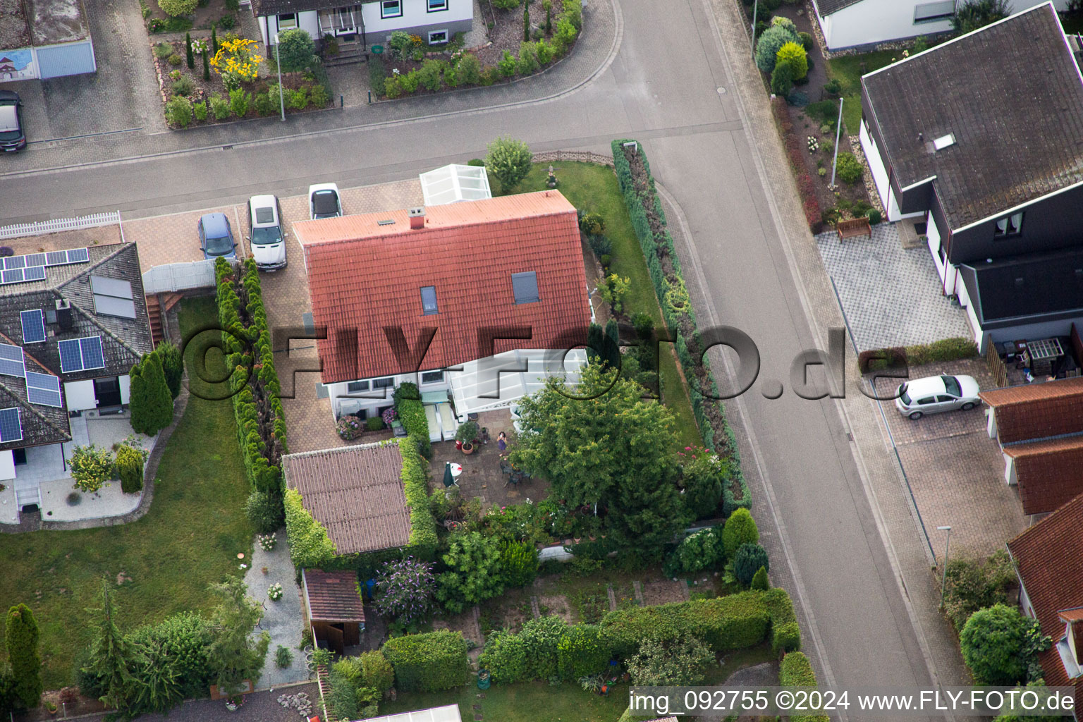 Maxburgstr in the district Billigheim in Billigheim-Ingenheim in the state Rhineland-Palatinate, Germany from the drone perspective