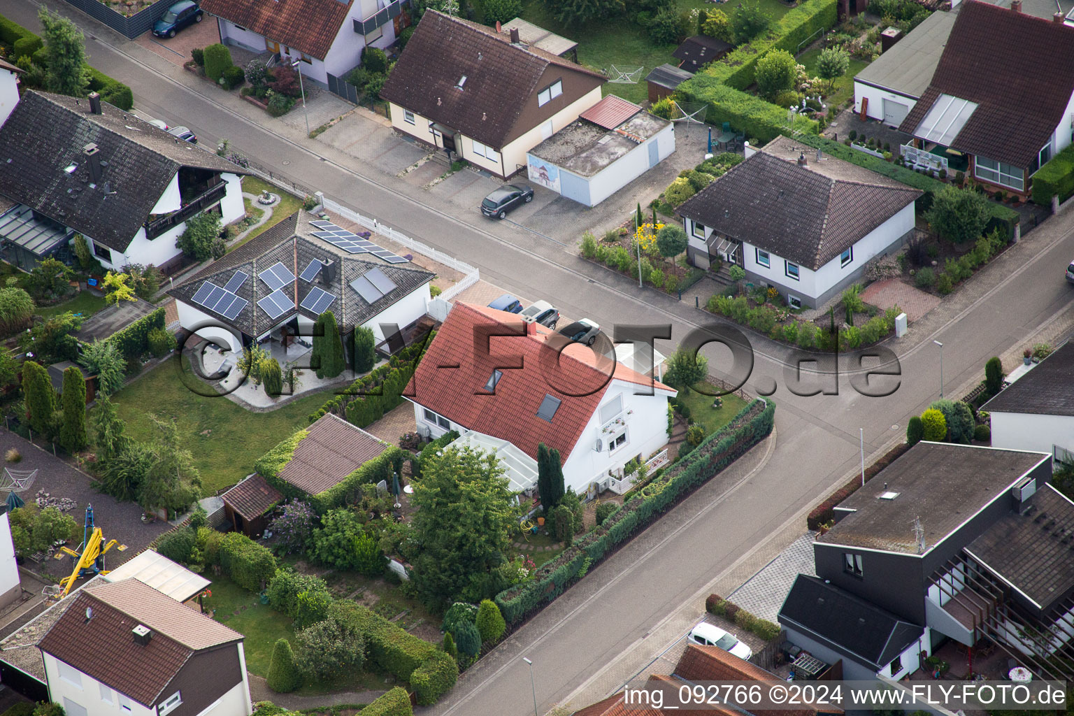 Maxburgstr in the district Billigheim in Billigheim-Ingenheim in the state Rhineland-Palatinate, Germany seen from a drone