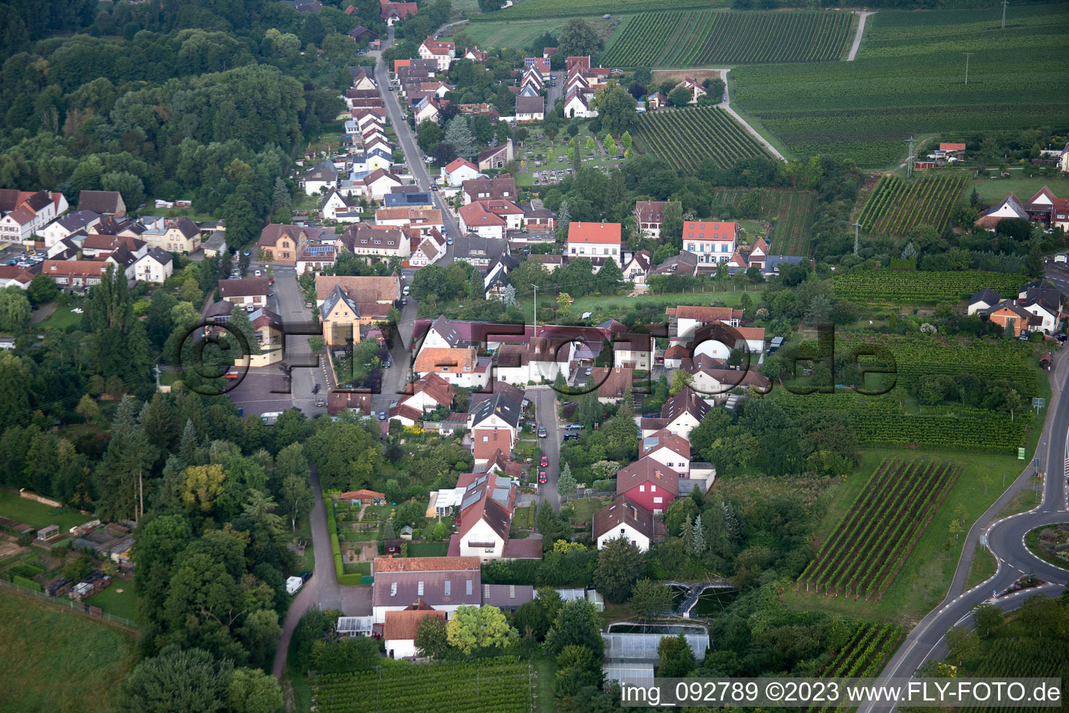 Drone image of District Ingenheim in Billigheim-Ingenheim in the state Rhineland-Palatinate, Germany