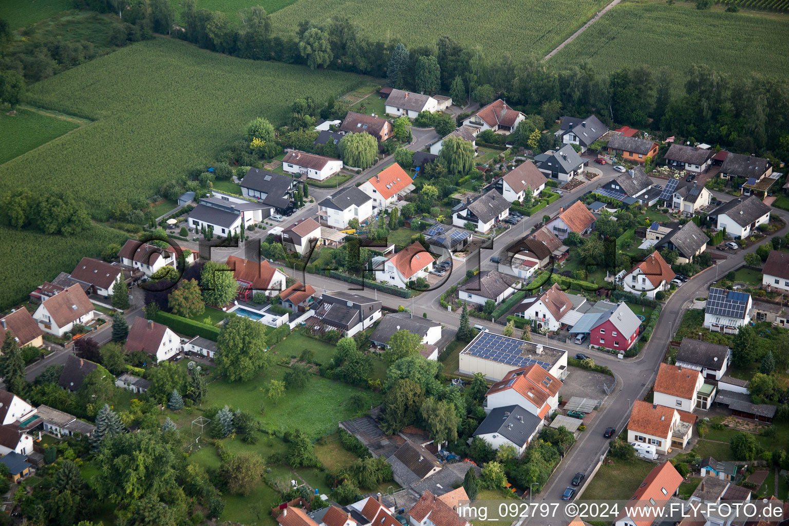 Maxburgstr in the district Billigheim in Billigheim-Ingenheim in the state Rhineland-Palatinate, Germany from the plane