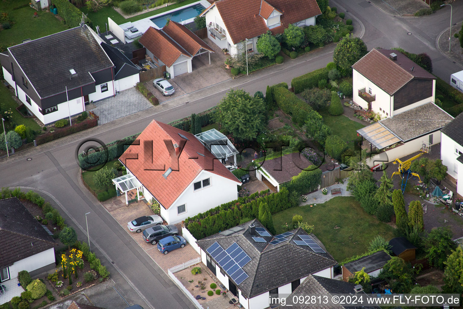 Maxburgstr in the district Billigheim in Billigheim-Ingenheim in the state Rhineland-Palatinate, Germany from the drone perspective