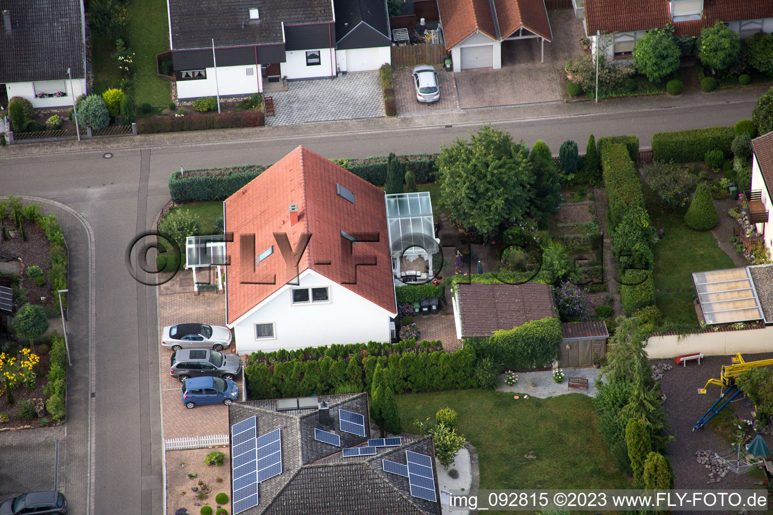 Maxburgstr in the district Billigheim in Billigheim-Ingenheim in the state Rhineland-Palatinate, Germany seen from a drone