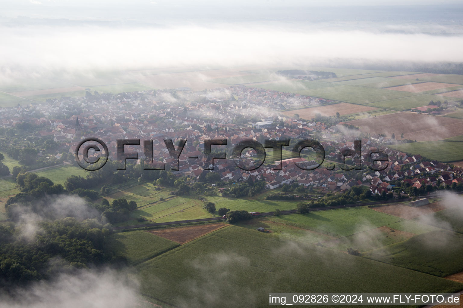 From the northwest in Steinweiler in the state Rhineland-Palatinate, Germany from above