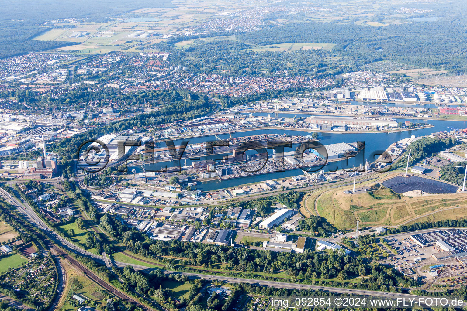 From the north in the district Rheinhafen in Karlsruhe in the state Baden-Wuerttemberg, Germany