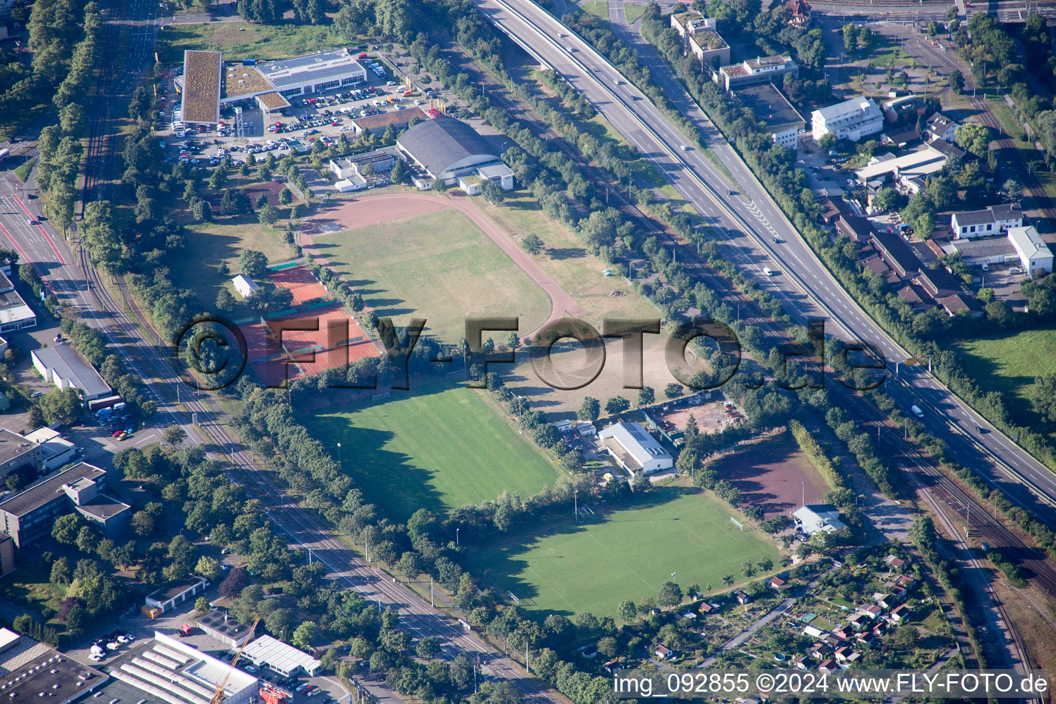 District Knielingen in Karlsruhe in the state Baden-Wuerttemberg, Germany viewn from the air