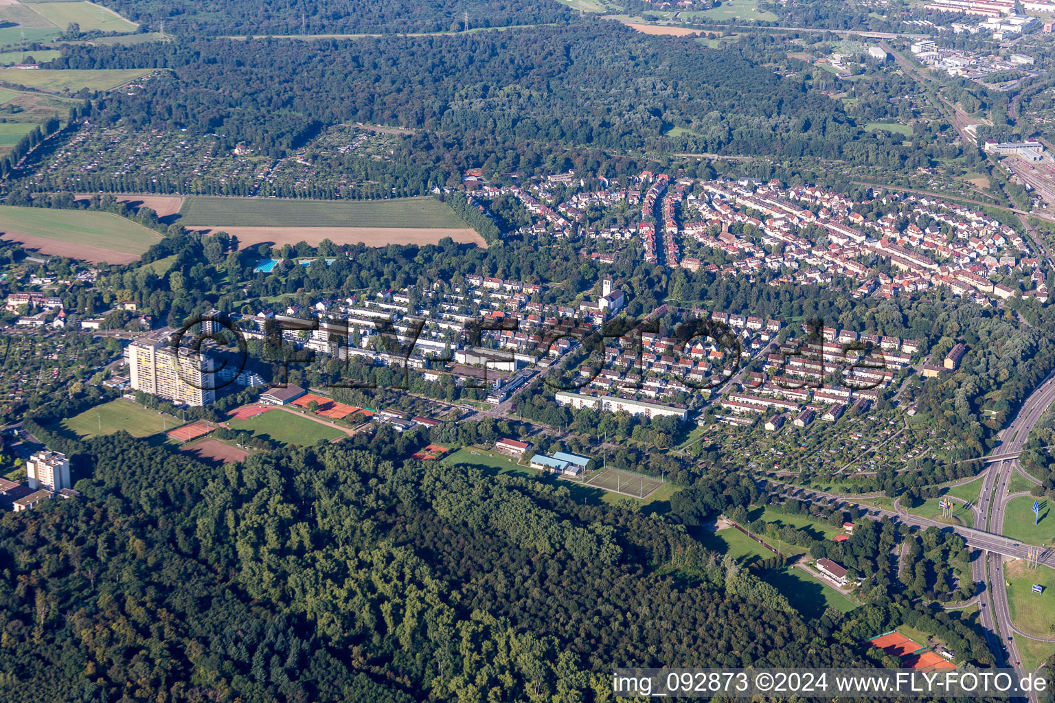 Aerial view of District Weiherfeld-Dammerstock in Karlsruhe in the state Baden-Wuerttemberg, Germany