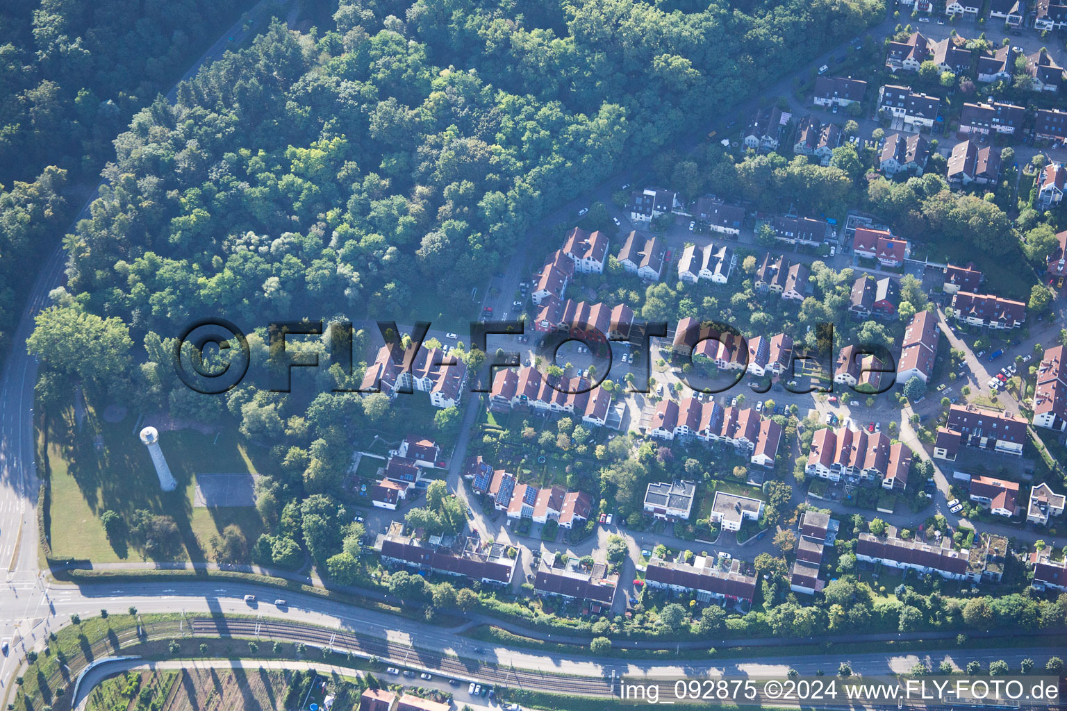 Aerial view of District Wolfartsweier in Karlsruhe in the state Baden-Wuerttemberg, Germany