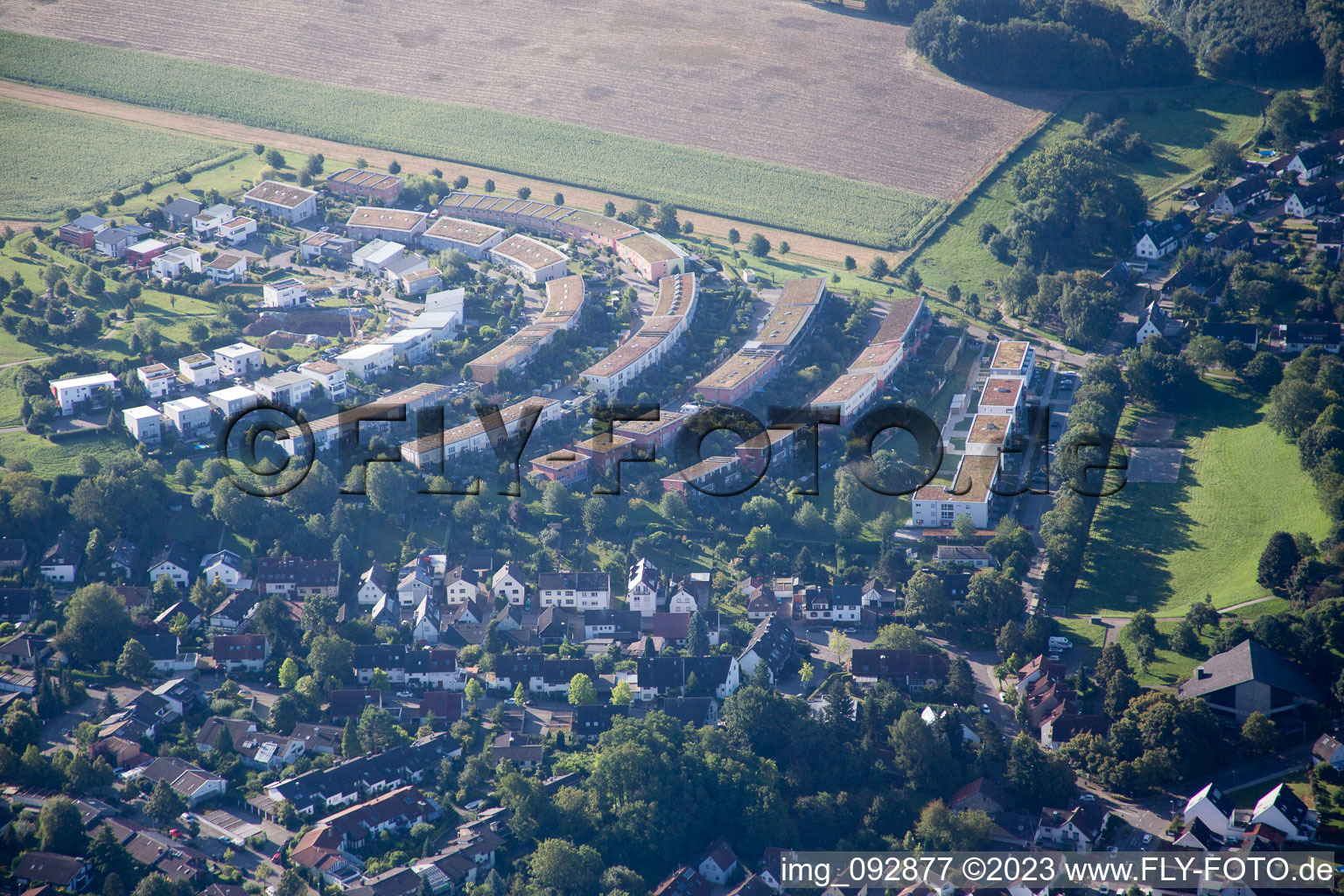District Hohenwettersbach in Karlsruhe in the state Baden-Wuerttemberg, Germany from the plane