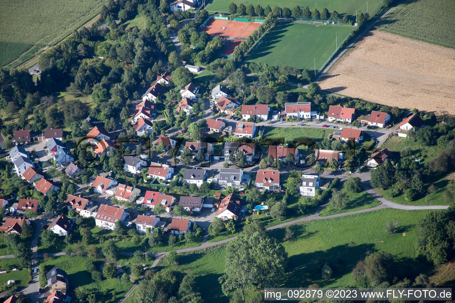 Bird's eye view of District Hohenwettersbach in Karlsruhe in the state Baden-Wuerttemberg, Germany