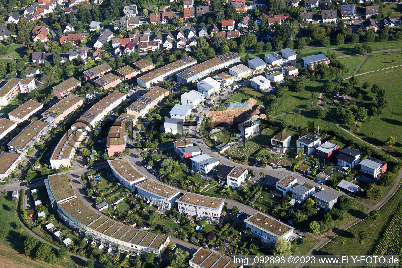 District Hohenwettersbach in Karlsruhe in the state Baden-Wuerttemberg, Germany seen from a drone
