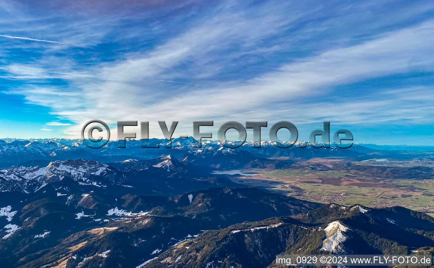 Alpine panorama over Lake Kochel in Schlehdorf in the state Bavaria, Germany