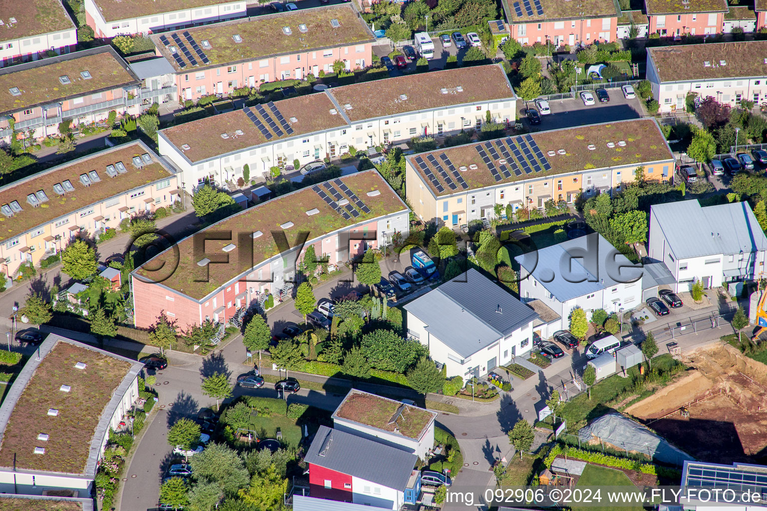 Aerial view of Single-family residential area of settlement Fuenfzig Morgen in Hohenwettersbach in the state Baden-Wurttemberg, Germany