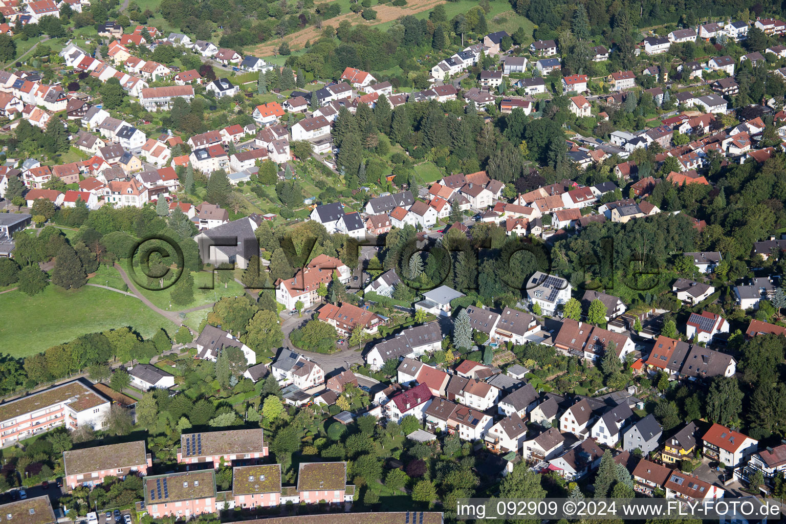 District Hohenwettersbach in Karlsruhe in the state Baden-Wuerttemberg, Germany seen from above