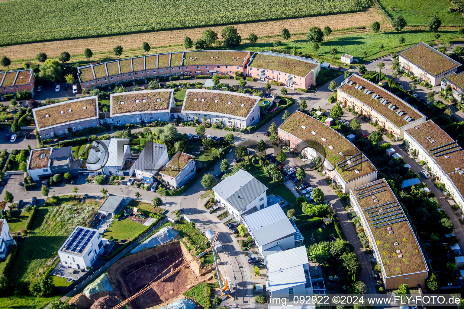 Aerial photograpy of Single-family residential area of settlement Fuenfzig Morgen in Hohenwettersbach in the state Baden-Wurttemberg, Germany