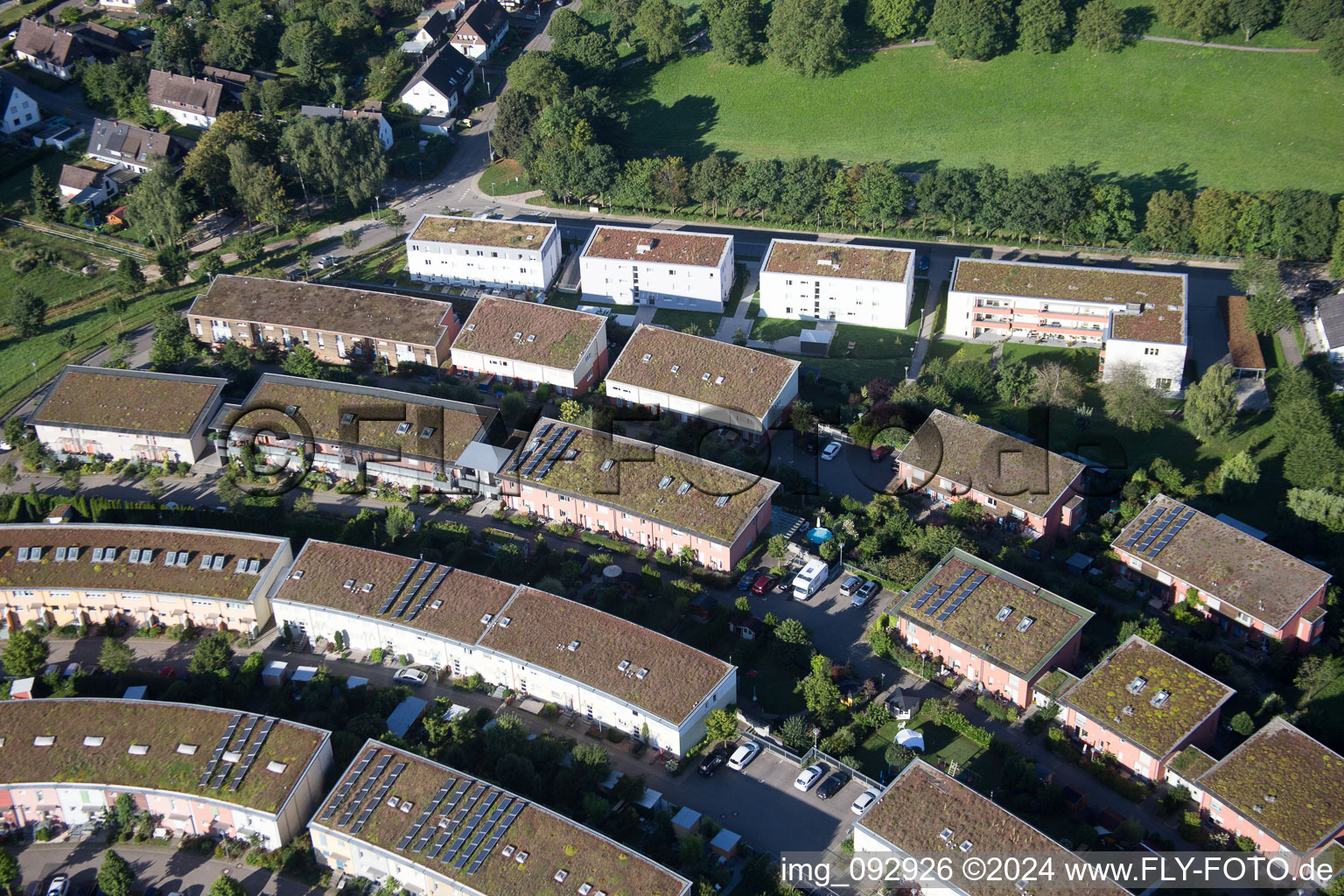 Drone image of District Hohenwettersbach in Karlsruhe in the state Baden-Wuerttemberg, Germany